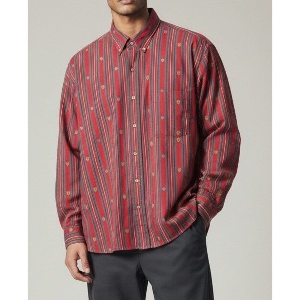 Vintage Salty Dog Shirt Mens Poplin Button Down XL Longsleeved Red Striped Crest